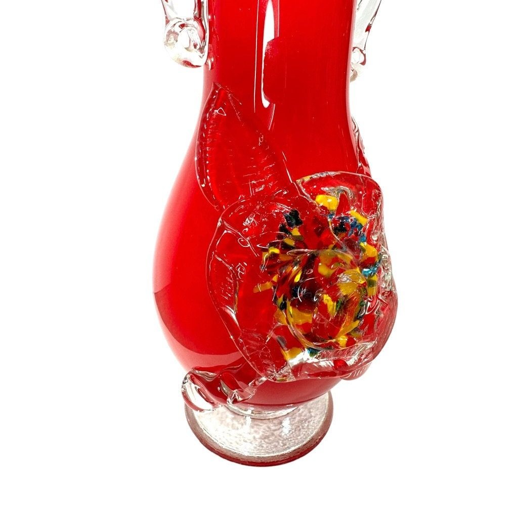 Vintage Blown Glass Confetti Flower Red Vase with White Interior Cased Vase