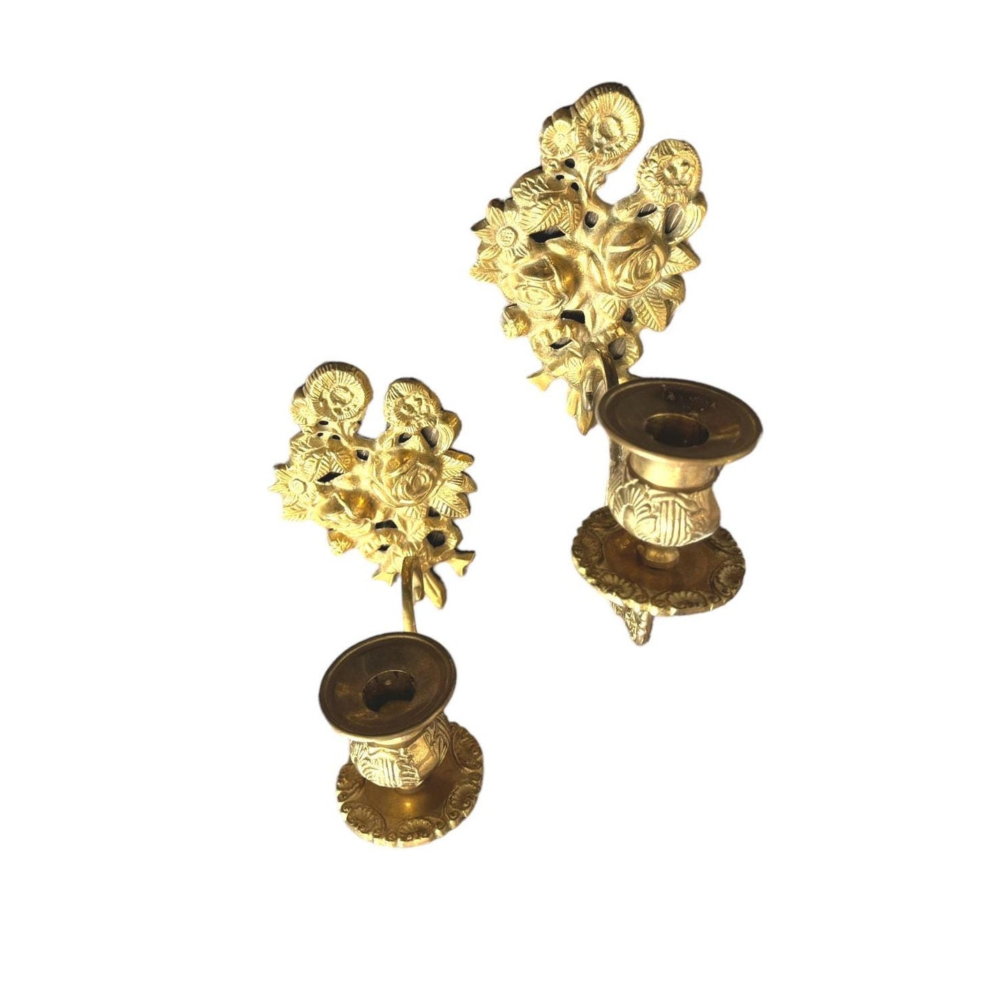 Vintage Hollywood Regency Brass Floral Wall Sconces - Set of 2