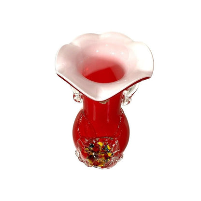 Vintage Blown Glass Confetti Flower Red Vase with White Interior Cased Vase