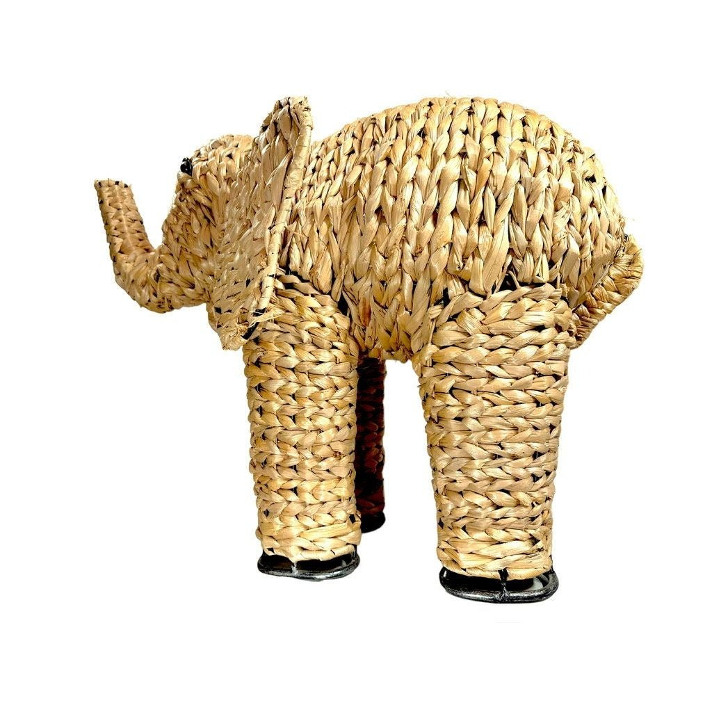 Vintage Woven Wicker Wood Elephant Decor