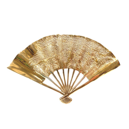 Vintage Brass Fans with Embossed Phoenix Wall Decor - set of 3