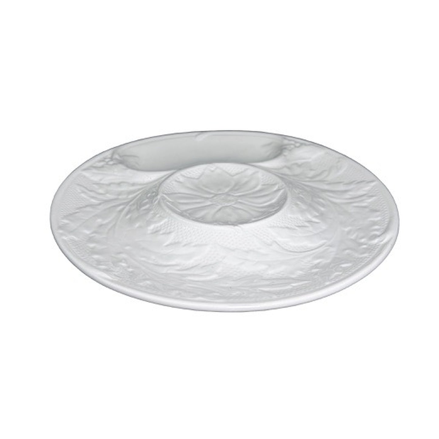 Gien France white artichoke plate, low side view showing sculptural relief and divided wells