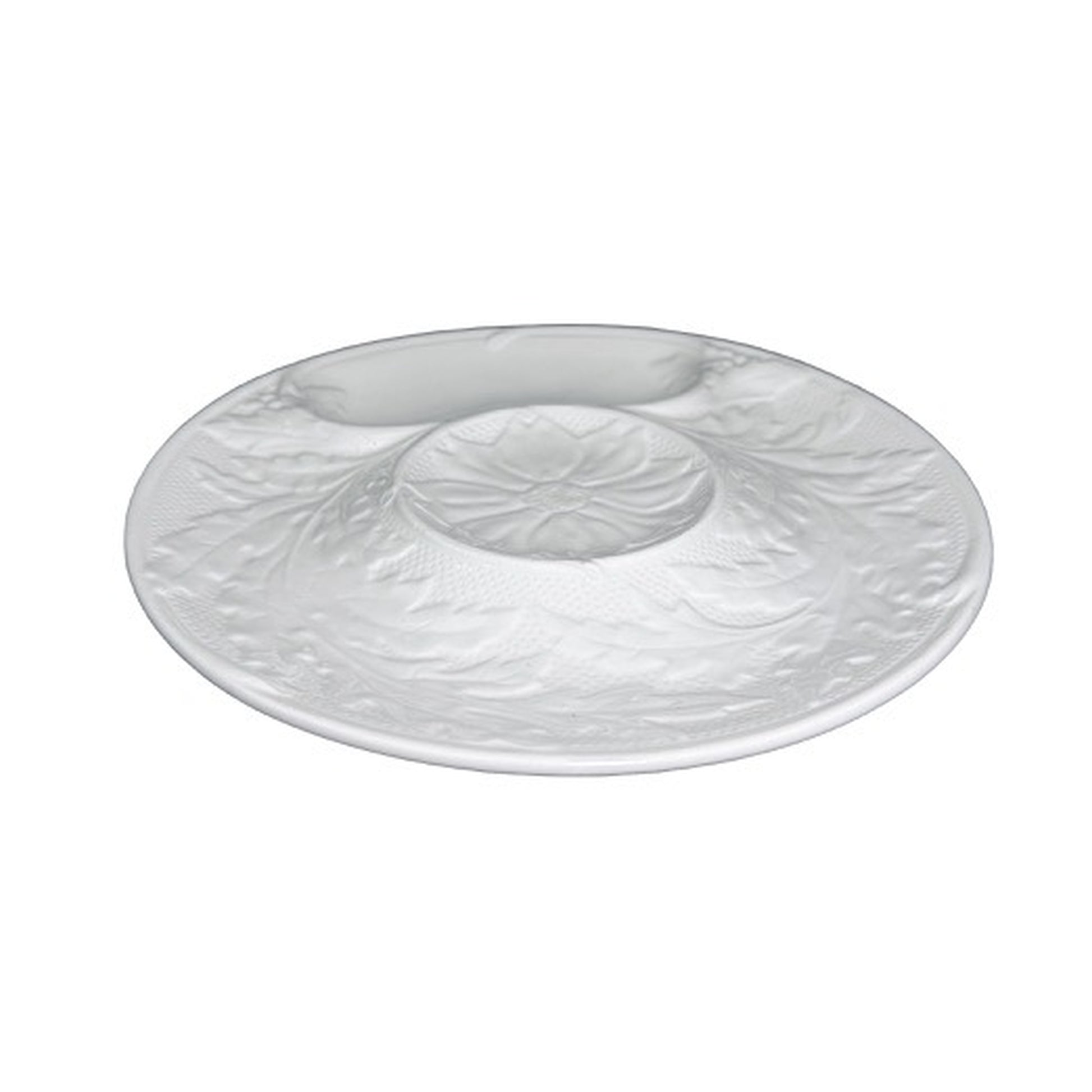 Gien France white artichoke plate, low side view showing sculptural relief and divided wells