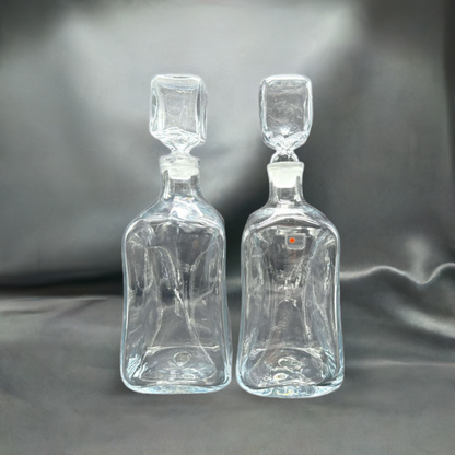 Vintage Blenko Clear Glass Pinched Decanter With Square Stoppers - Set of 2