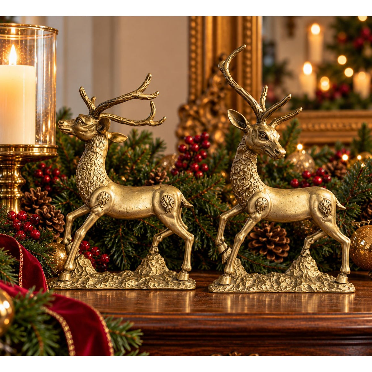 Vintage Brass Deer Statue Pair Textured Details For Christmas or Home