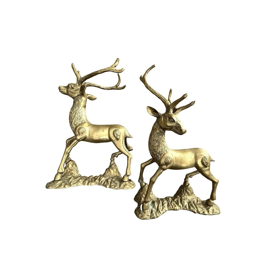 Vintage Brass Deer Statue Pair Textured Details For Christmas or Home