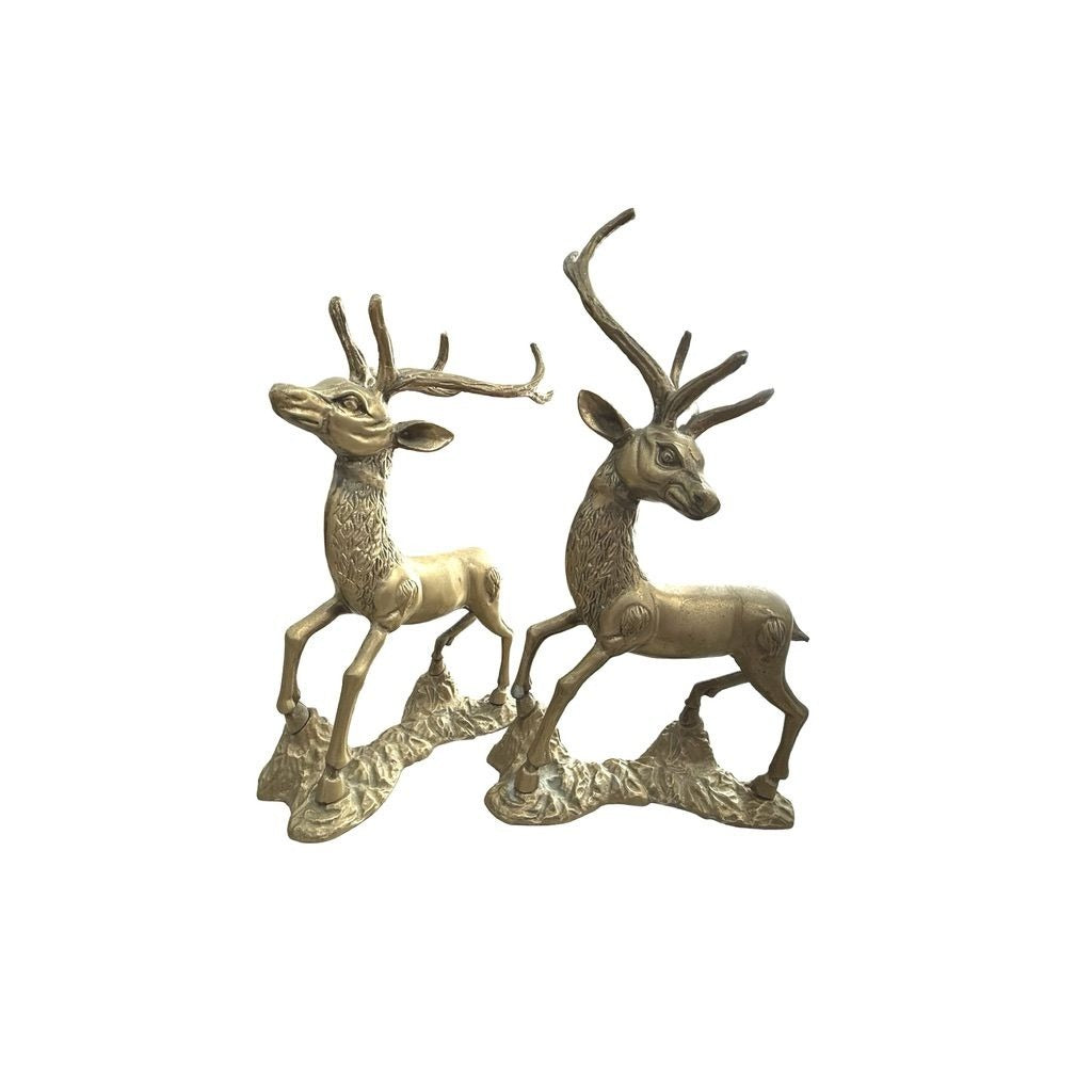 Vintage Brass Deer Statue Pair Textured Details For Christmas or Home