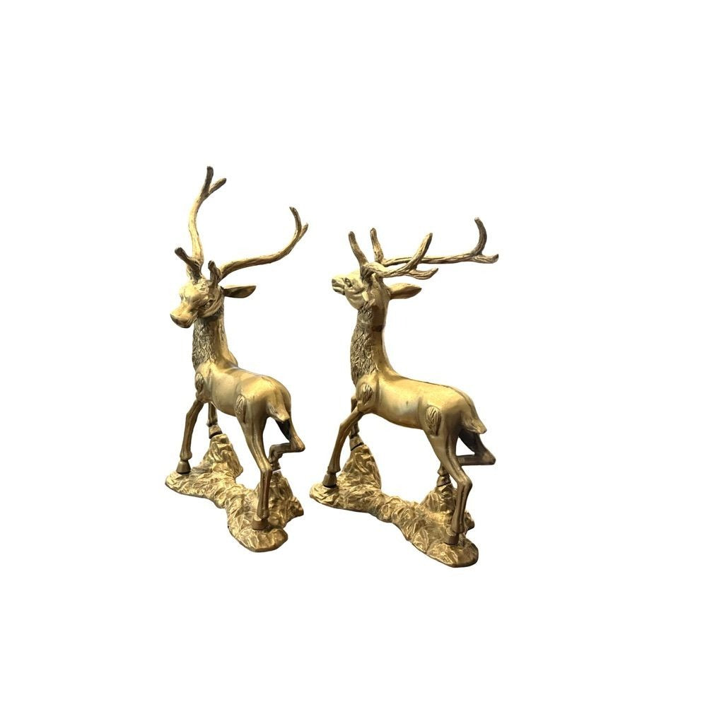 Vintage Brass Deer Statue Pair Textured Details For Christmas or Home