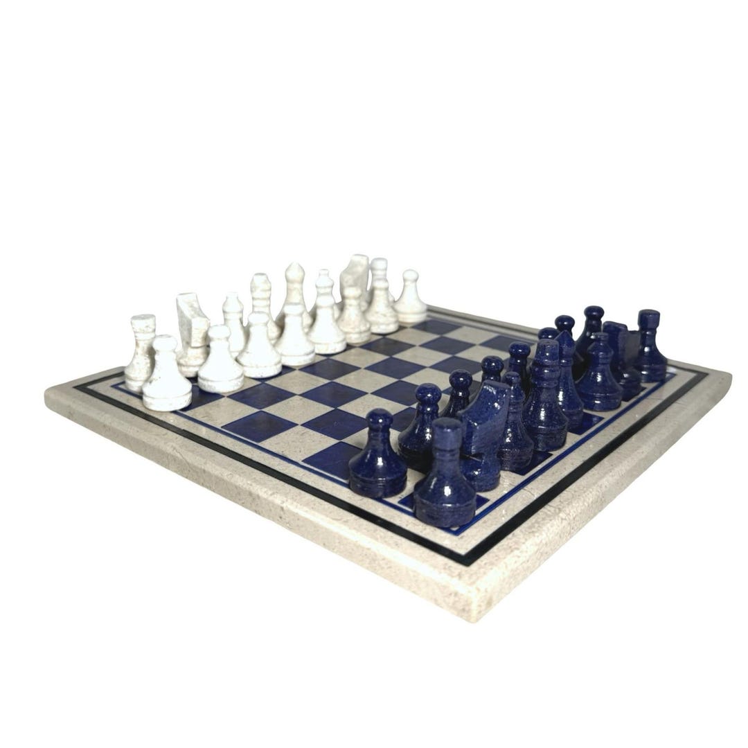 Stone Chess Set Blue/Ivory Board and Pieces, Handcrafted In Pakistan