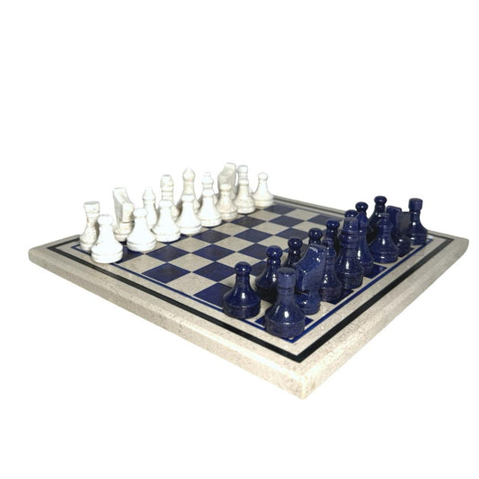 Stone Chess Set Blue/Ivory Board and Pieces, Handcrafted In Pakistan