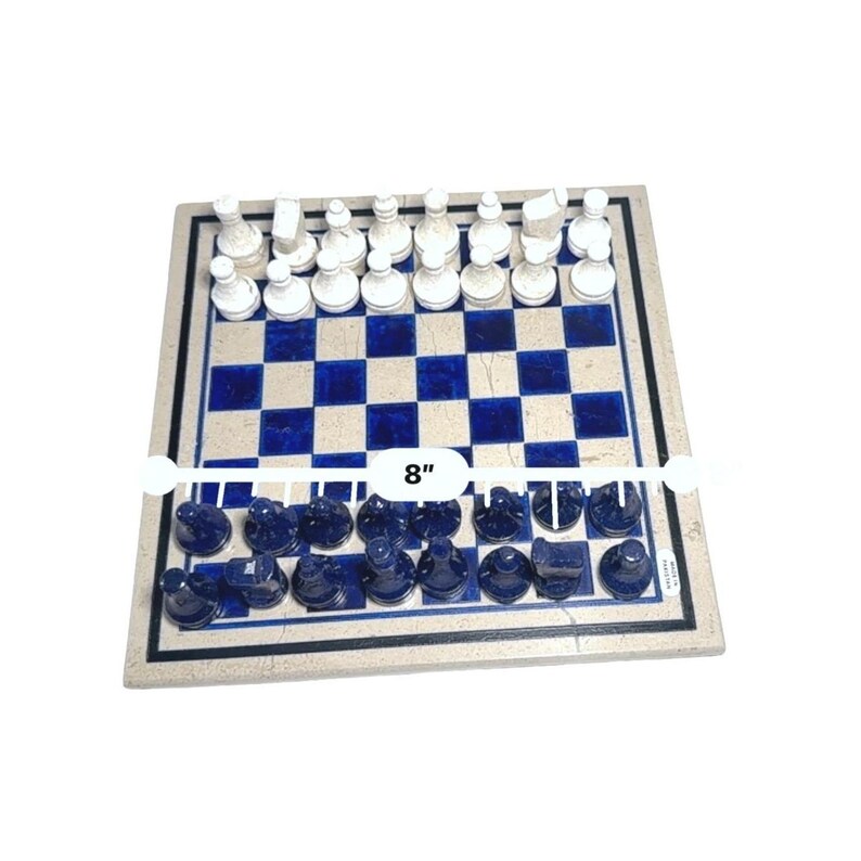 Stone chess set with 8 inch measurement overlay