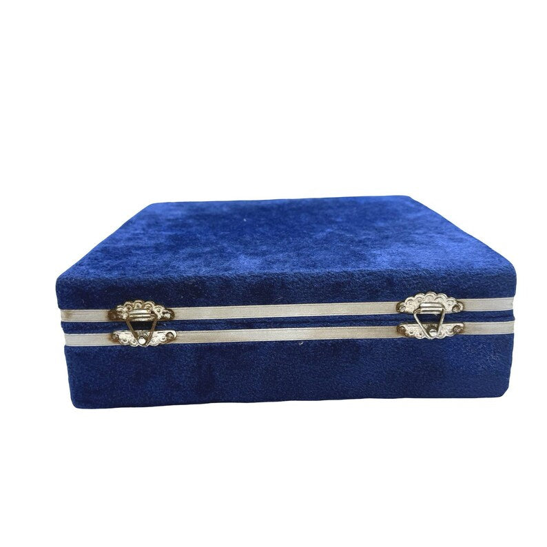 Stone chess set - blue velvet storage box with metal trim