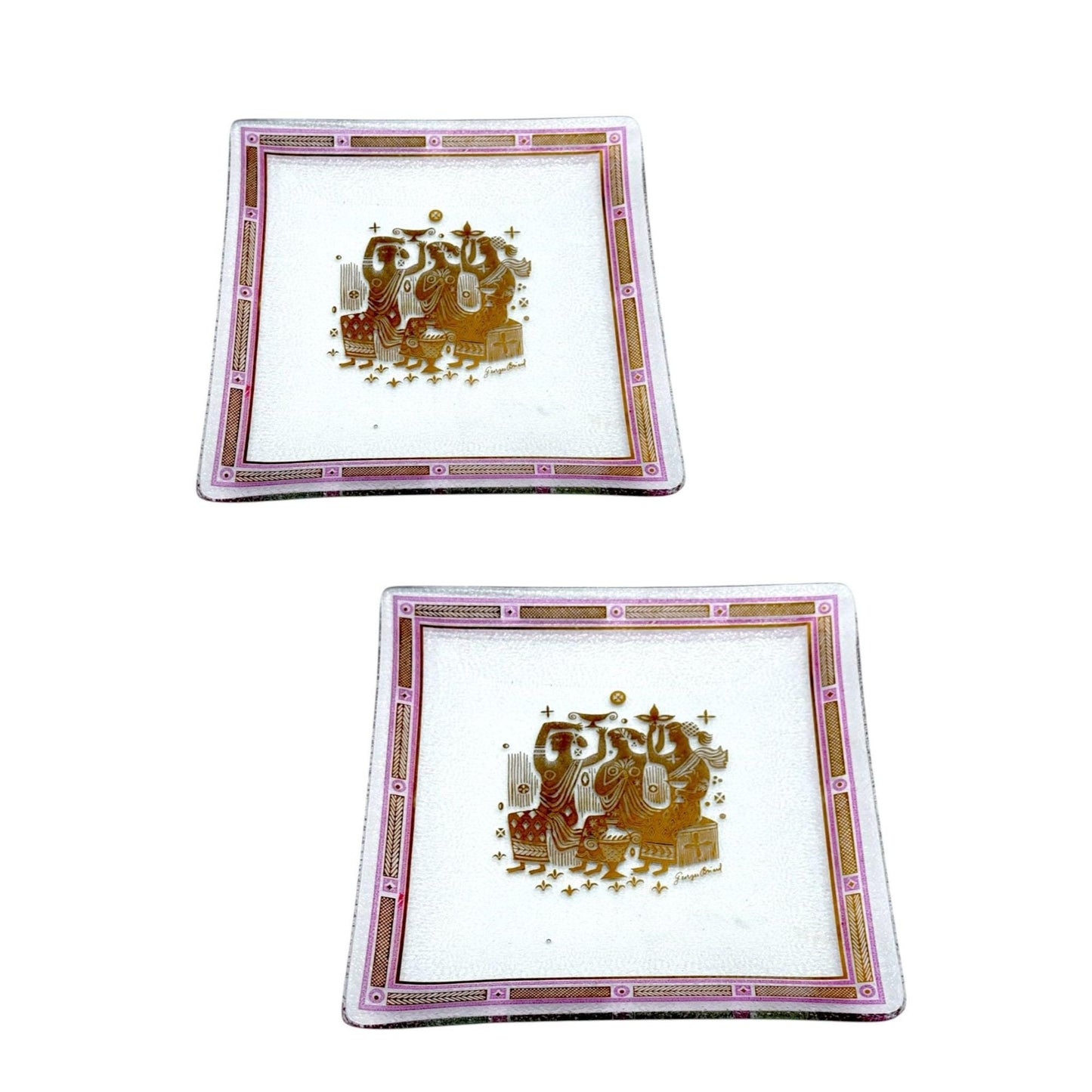 Vintage George Briard Square Glass Trinket Dish With Gold & Pink Art Deco Design