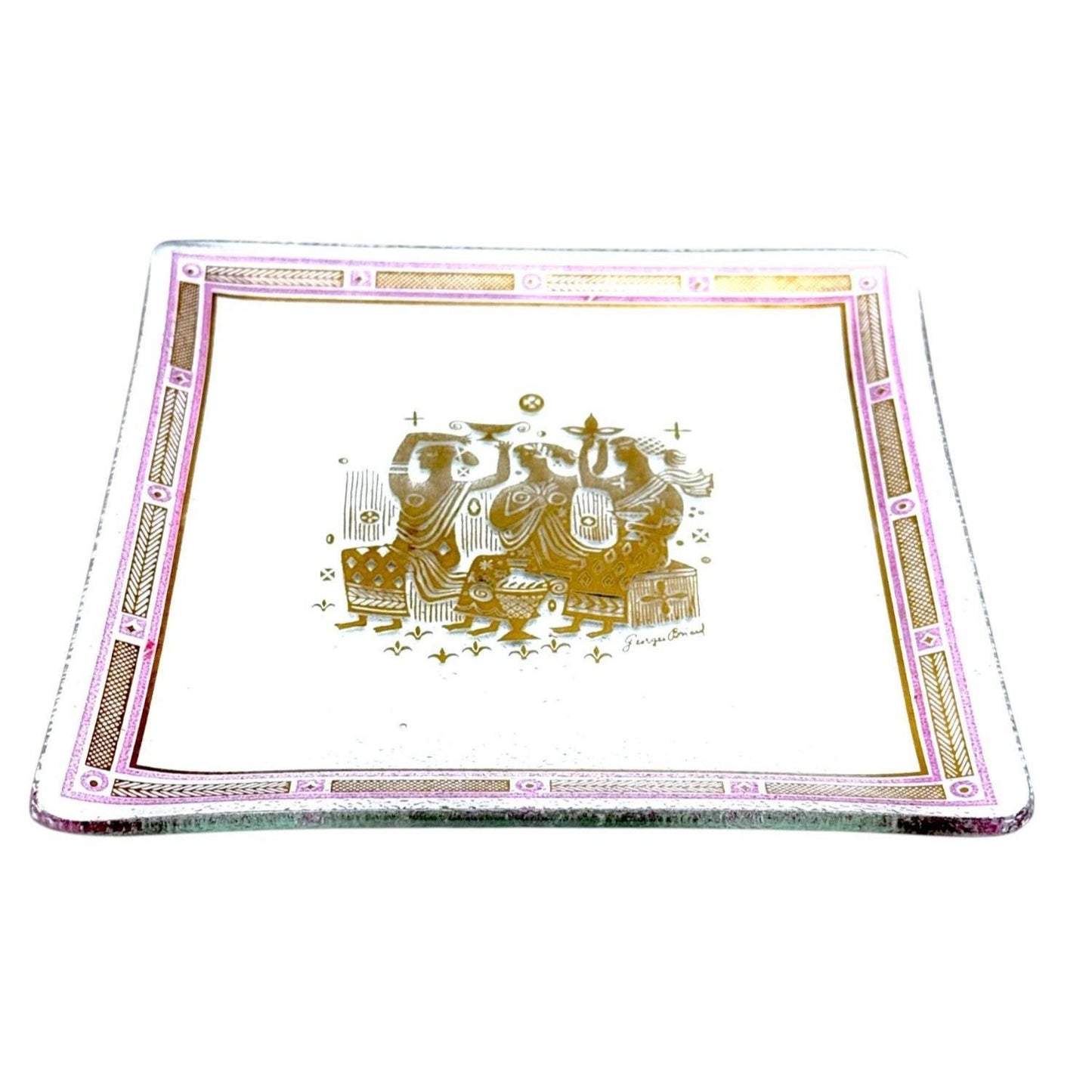 Vintage George Briard Square Glass Trinket Dish With Gold & Pink Art Deco Design