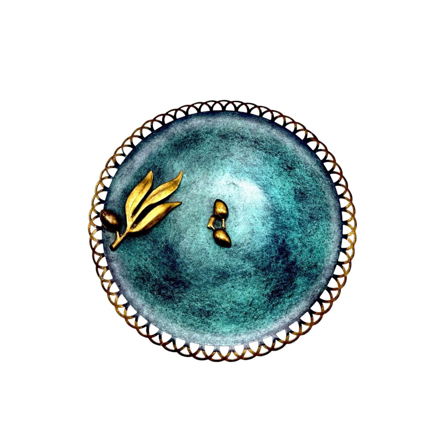 Oppenheim Israel Enameled Brass Verdigris Compote With Decorative Brass Olive Branch Motif