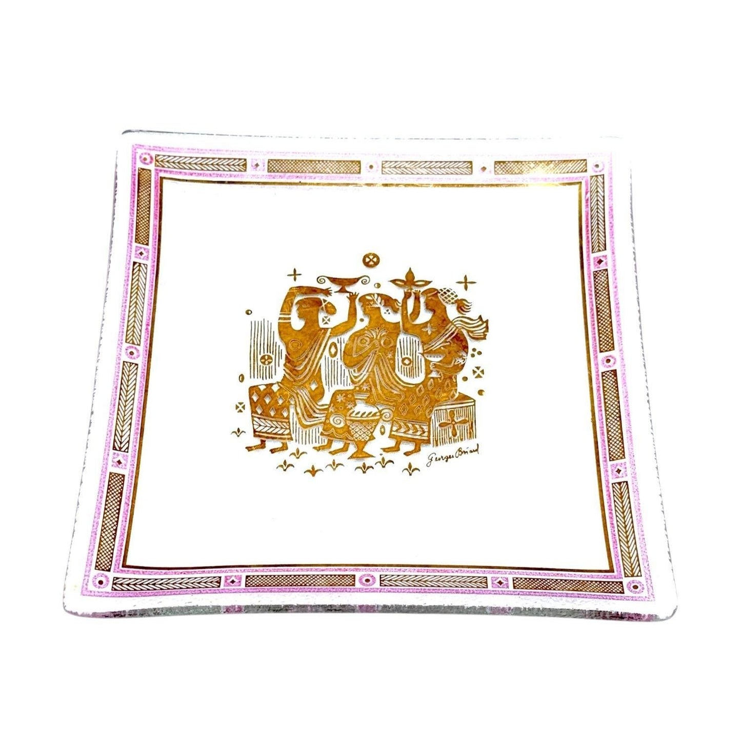 Vintage George Briard Square Glass Trinket Dish With Gold & Pink Art Deco Design