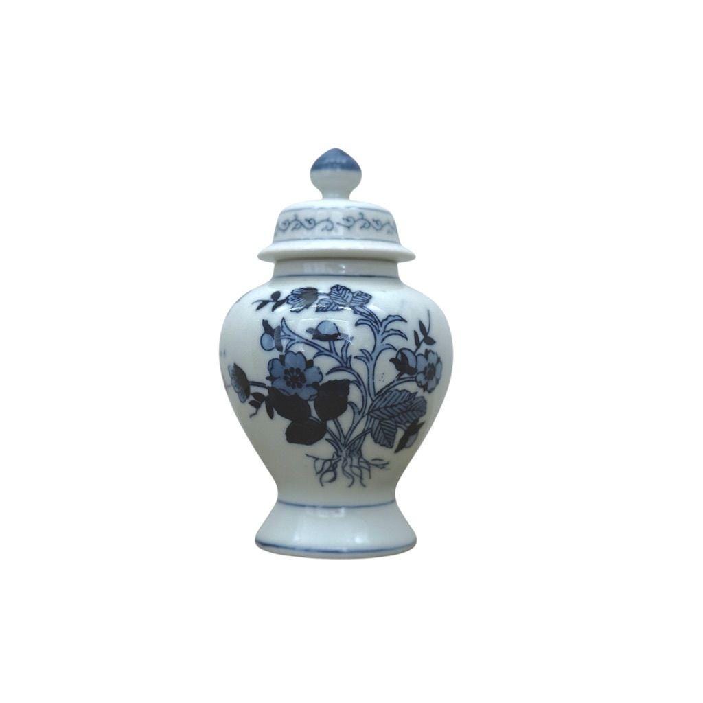 Blue & White 6" Porcelain Lidded Ginger Jar With Floral Design Decorative Accent