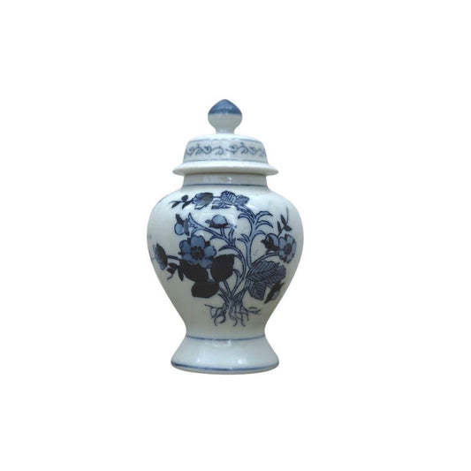 Blue & White 6" Porcelain Lidded Ginger Jar With Floral Design Decorative Accent