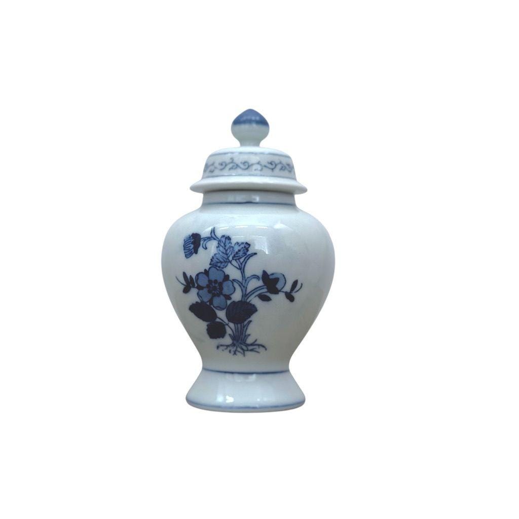 Blue & White 6" Porcelain Lidded Ginger Jar With Floral Design Decorative Accent