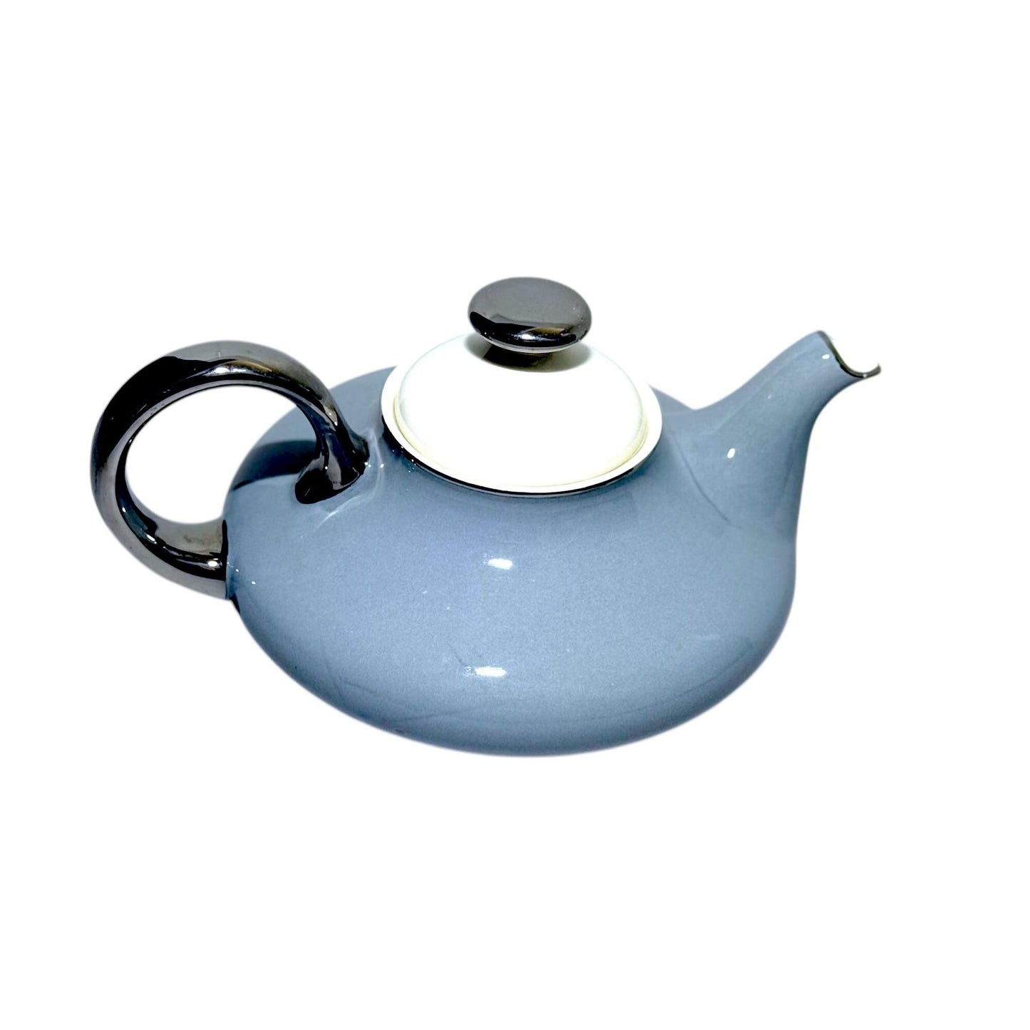 Vintage Harker Pottery Co Teapot 22 KT Platinum Trim Blue & White Ceramic