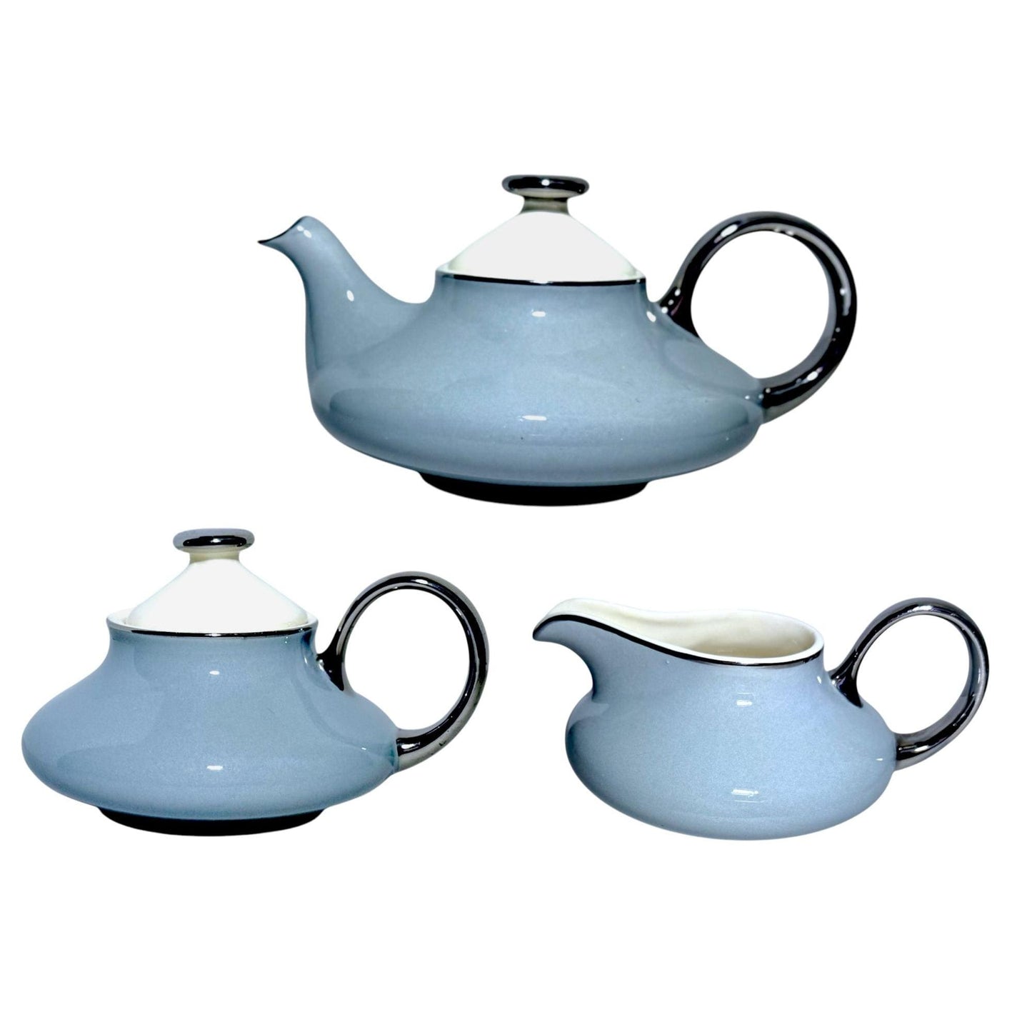 Vintage Harker Pottery Co Teapot 22 KT Platinum Trim Blue & White Ceramic