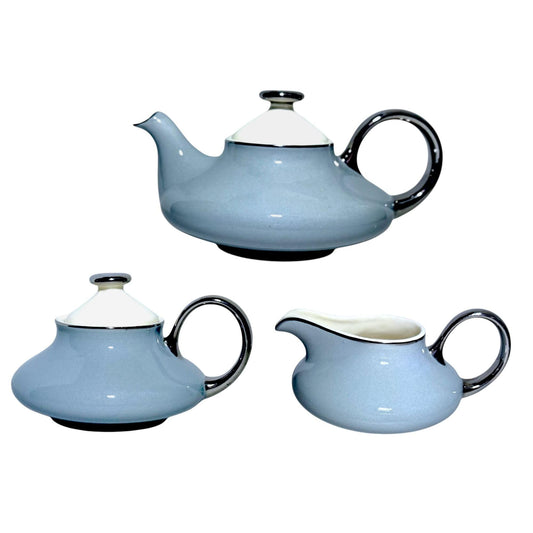 Vintage Harker Pottery Co Teapot 22 KT Platinum Trim Blue & White Ceramic
