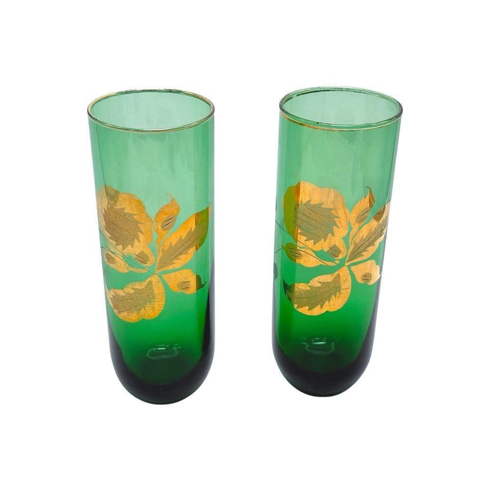 Vintage Blown Glass Green Glass Tumblers With Gold & Embossed Floral Design