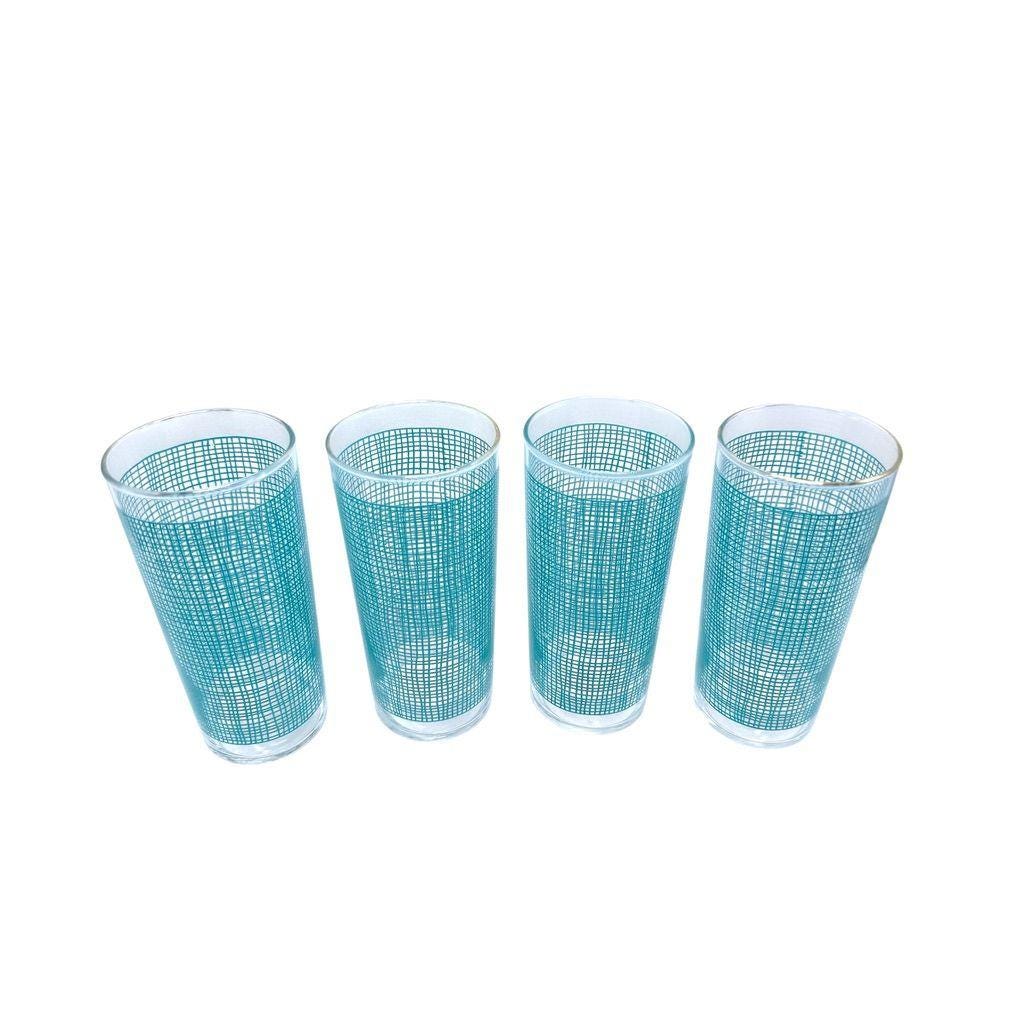 Federal Glass Co Mid-Century Blue Burlap Print Tumblers Set Of 4