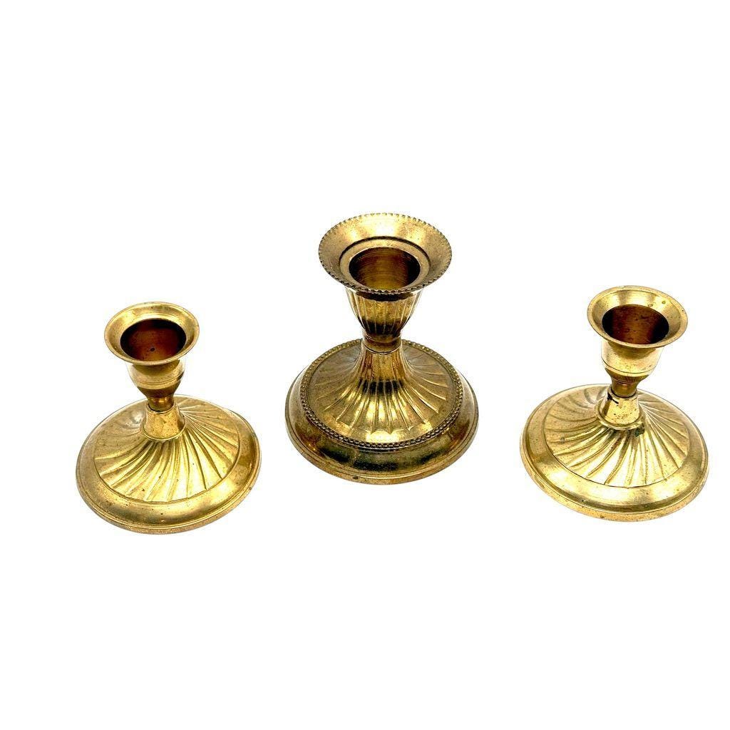 Set Of 3 Vintage Brass Candlestick Holders With Fluted Design