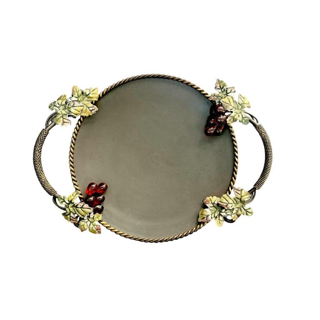 Vintage Metal Serving Tray With lucite Grapes & Leaf Accents Ornate Handles
