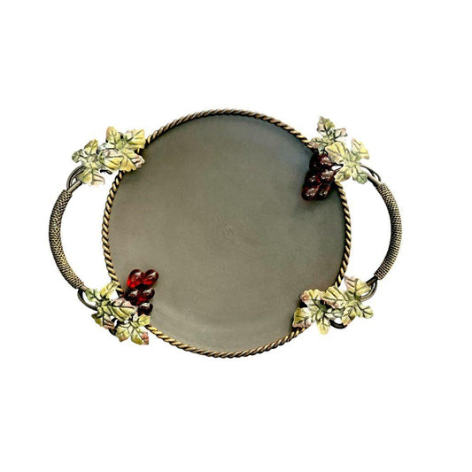 Vintage Metal Serving Tray With lucite Grapes & Leaf Accents Ornate Handles