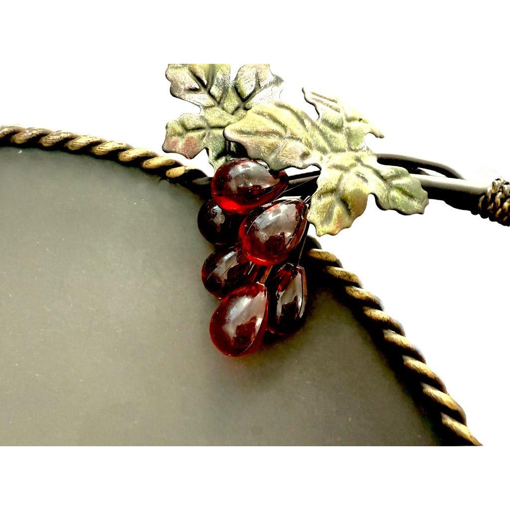 Vintage Metal Serving Tray With lucite Grapes & Leaf Accents Ornate Handles