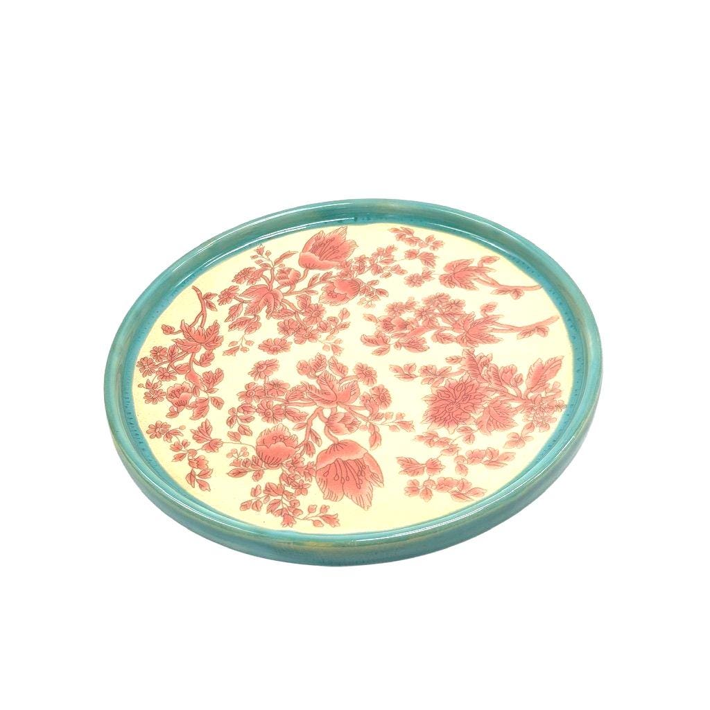 Floral Ceramic Serving Plate: Teal Rim, Beige & Red, 11" Pier 1 Décor