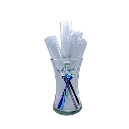 Vintage Set Of 6 Clear Champagne Flutes With Multicolored Stems & Glass Vase