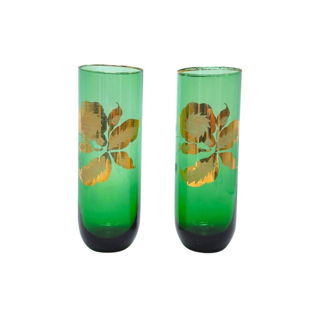 Vintage Blown Glass Green Glass Tumblers With Gold & Embossed Floral Design