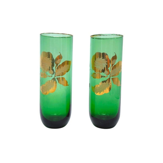 Vintage Blown Glass Green Glass Tumblers With Gold & Embossed Floral Design