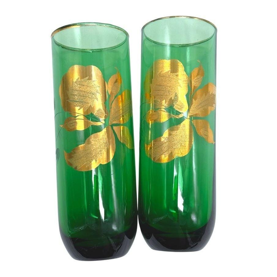 Vintage Blown Glass Green Glass Tumblers With Gold & Embossed Floral Design