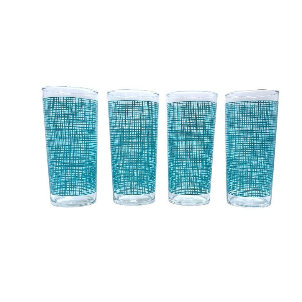 Federal Glass Co Mid-Century Blue Burlap Print Tumblers Set Of 4