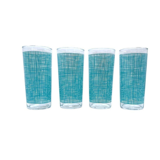Federal Glass Co Mid-Century Blue Burlap Print Tumblers Set Of 4