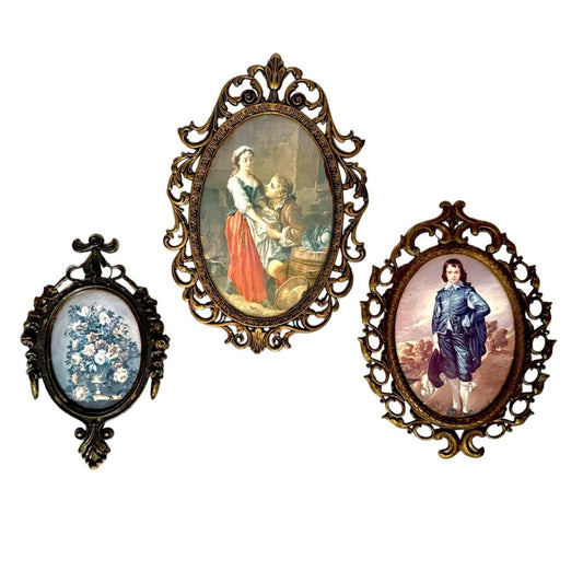Vintage Brass Italian Ornate Oval Wall Frame Set With Decorative Set of 3