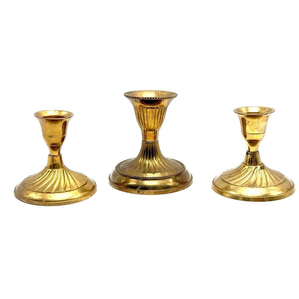 Set Of 3 Vintage Brass Candlestick Holders With Fluted Design