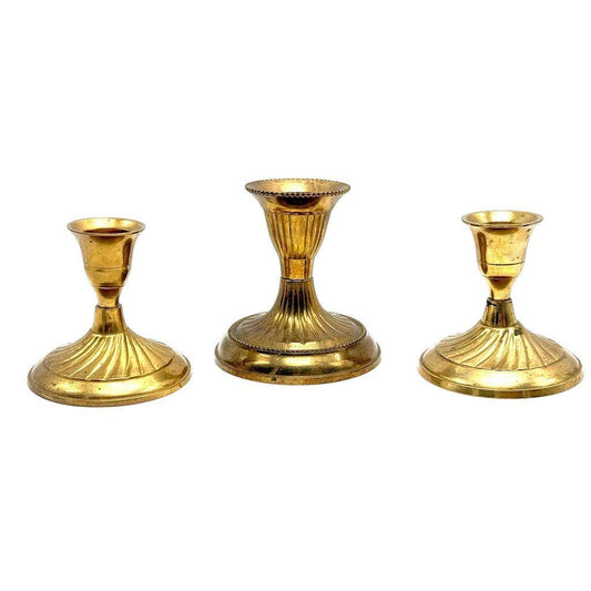 Set Of 3 Vintage Brass Candlestick Holders With Fluted Design