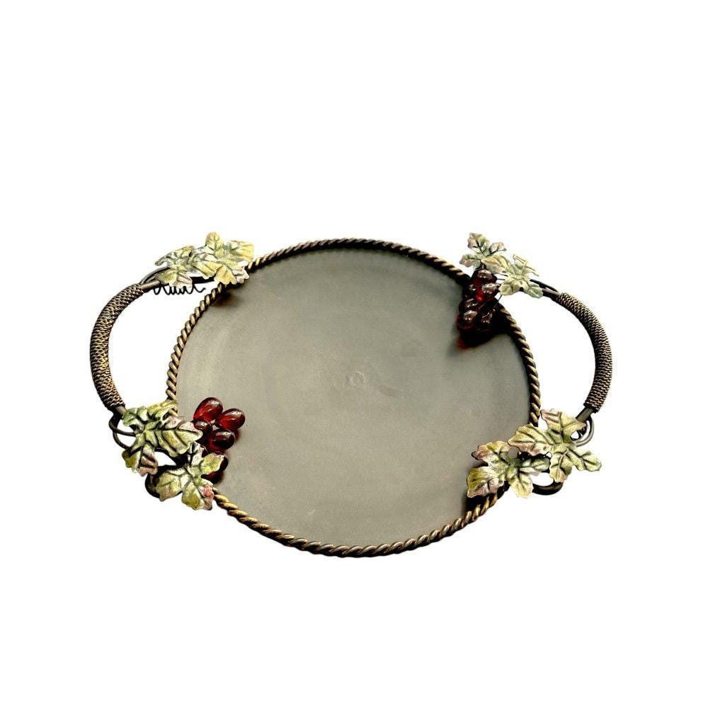Vintage Metal Serving Tray With lucite Grapes & Leaf Accents Ornate Handles