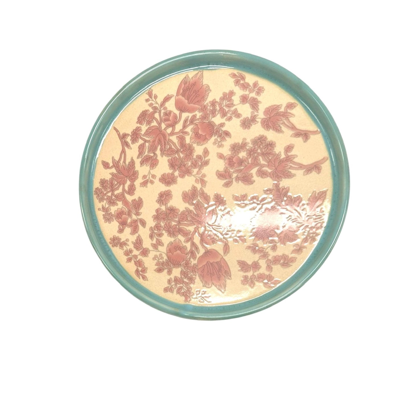 Floral Ceramic Serving Plate: Teal Rim, Beige & Red, 11" Pier 1 Décor