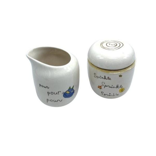 Hallmark Ceramic Creamer & Sugar Set With Lid Hand-Drawn Animal Illustrations