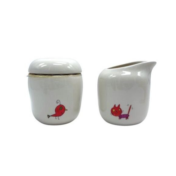 Hallmark Ceramic Creamer & Sugar Set With Lid Hand-Drawn Animal Illustrations
