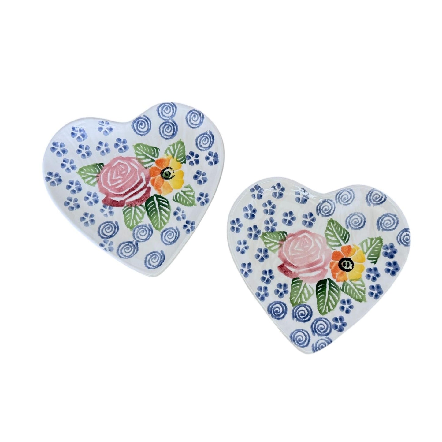 Ancora Italian Heart-Shaped Ceramic Plates W/ Hand-Painted Floral - Set Of 2