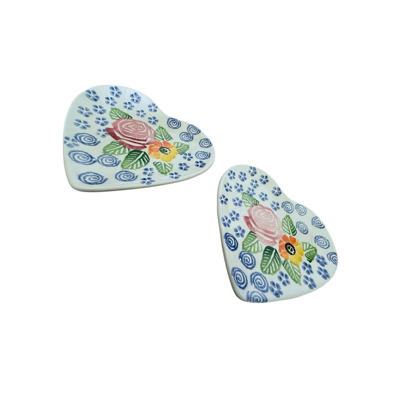 Ancora Italian Heart-Shaped Ceramic Plates W/ Hand-Painted Floral - Set Of 2