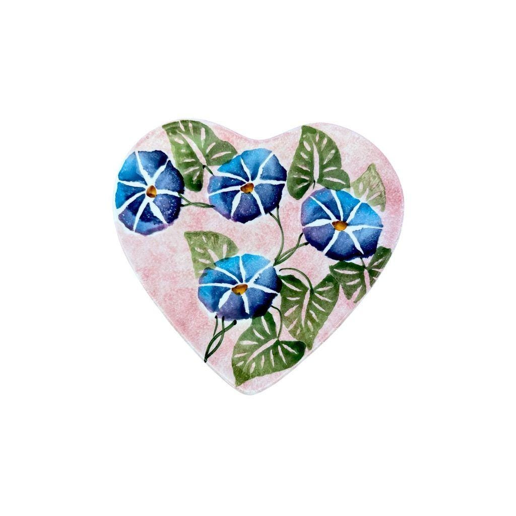Ancora Italian Heart-Shaped Ceramic Plate Set With Blue Morning Glory Design