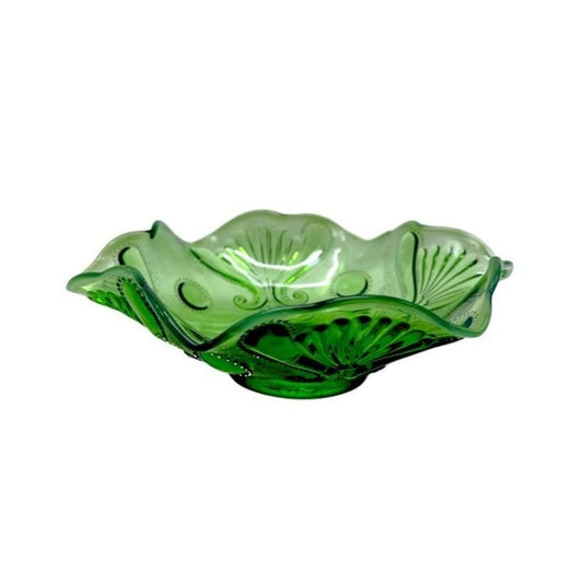 Jefferson Glass Jewel & Fan Green Opalescent Bowl 8.5" Wide Vintage Decorative Glassware
